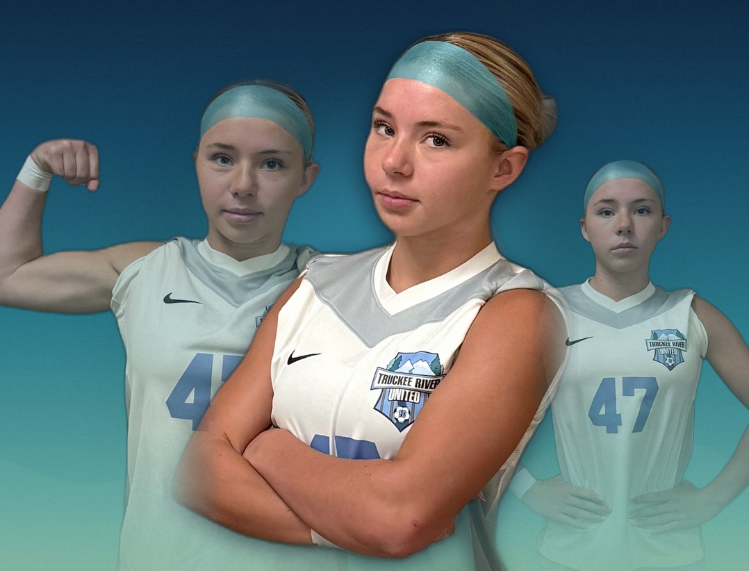 Alice Ruppert in her Truckee River United uniform, shown in three poses